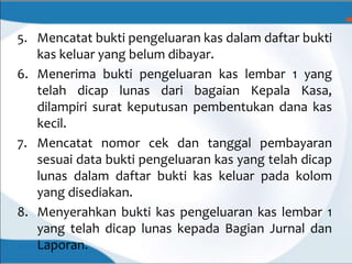 5. Mencatat bukti pengeluaran kas dalam daftar bukti
kas keluar yang belum dibayar.
6. Menerima bukti pengeluaran kas lembar 1 yang
telah dicap lunas dari bagaian Kepala Kasa,
dilampiri surat keputusan pembentukan dana kas
kecil.
7. Mencatat nomor cek dan tanggal pembayaran
sesuai data bukti pengeluaran kas yang telah dicap
lunas dalam daftar bukti kas keluar pada kolom
yang disediakan.
8. Menyerahkan bukti kas pengeluaran kas lembar 1
yang telah dicap lunas kepada Bagian Jurnal dan
Laporan.
 