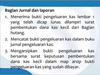 Bagian Jurnal dan laporan
1. Menerima bukti pengeluaran kas lembar 1
yang telah dicap lunas dilampiri surat
pembentukan dana kas kecil dari Bagian
hutang.
2. Mencatat bukti pengeluaran kas dalam buku
jurnal pengeluaran kas.
3. Mengarsipkan bukti pengeluaran kas
bersama surat keputusan pembentukan
dana kas kecil dalam map arsip bukti
pengeluaran kas yang sudah dibayar.
 