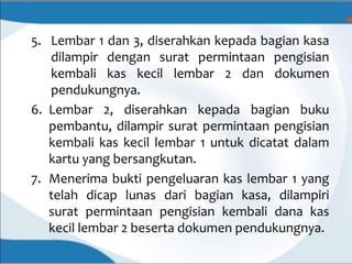 5. Lembar 1 dan 3, diserahkan kepada bagian kasa
dilampir dengan surat permintaan pengisian
kembali kas kecil lembar 2 dan dokumen
pendukungnya.
6. Lembar 2, diserahkan kepada bagian buku
pembantu, dilampir surat permintaan pengisian
kembali kas kecil lembar 1 untuk dicatat dalam
kartu yang bersangkutan.
7. Menerima bukti pengeluaran kas lembar 1 yang
telah dicap lunas dari bagian kasa, dilampiri
surat permintaan pengisian kembali dana kas
kecil lembar 2 beserta dokumen pendukungnya.
 