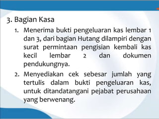 3. Bagian Kasa
1. Menerima bukti pengeluaran kas lembar 1
dan 3, dari bagian Hutang dilampiri dengan
surat permintaan pengisian kembali kas
kecil lembar 2 dan dokumen
pendukungnya.
2. Menyediakan cek sebesar jumlah yang
tertulis dalam bukti pengeluaran kas,
untuk ditandatangani pejabat perusahaan
yang berwenang.
 
