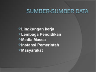 Lingkungan kerja
Lembaga Pendidikan
Media Massa
Instansi Pemerintah
Masyarakat
 