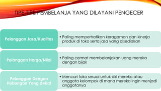TIPE-TIPE PEMBELANJA YANG DILAYANI PENGECER
• Paling memperhatikan keragaman dan kinerja
produk di toko serta jasa yang disediakan
Pelanggan Jasa/Kualitas
• Paling cermat membelanjakan uang mereka
dengan bijak
Pelanggan Harga/Nilai
• Mencari toko sesuai untuk diri mereka atau
anggota kelompok di mana mereka ingin menjadi
anggotanya
Pelanggan Dengan
Hubungan Yang dekat
 
