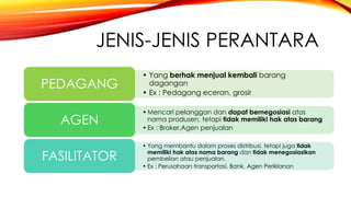 JENIS-JENIS PERANTARA
• Yang berhak menjual kembali barang
dagangan
• Ex : Pedagang eceran, grosir
PEDAGANG
•Mencari pelanggan dan dapat bernegosiasi atas
nama produsen, tetapi tidak memiliki hak atas barang
•Ex : Broker,Agen penjualan
AGEN
• Yang membantu dalam proses distribusi, tetapi juga tidak
memiliki hak atas nama barang dan tidak menegosiasikan
pembelian atau penjualan.
• Ex : Perusahaan transportasi, Bank, Agen Periklanan
FASILITATOR
 