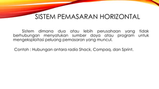SISTEM PEMASARAN HORIZONTAL
Sistem dimana dua atau lebih perusahaan yang tidak
berhubungan menyatukan sumber daya atau program untuk
mengeksploitasi peluang pemasaran yang muncul.
Contoh : Hubungan antara radio Shack, Compaq, dan Sprint.
 