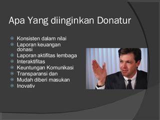 Apa Yang diinginkan Donatur Konsisten dalam nilai  Laporan keuangan donasi Laporan aktifitas lembaga Interaktifitas Keuntungan Komunikasi Transparansi dan Mudah diberi masukan Inovativ 