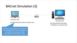 BACnet Simulation (3)
192.168.1.100
192.168.1.101
Run Yabe & Bacnet.Room.Simulator here
Run Bacnet.Room.Simulator,
or Weather2_to_Bacnet here
Yabe will automatically detect all devices
(from laptop & PC). Event on different
port (of course, you need to add
BAC1/BAC2 or else listener on Yabe.
 