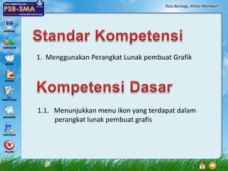 Rela Berbagi, Ikhlas Memberi




1. Menggunakan Perangkat Lunak pembuat Grafik




1.1. Menunjukkan menu ikon yang terdapat dalam
     perangkat lunak pembuat grafis
 