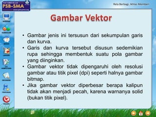 Rela Berbagi, Ikhlas Memberi




• Gambar jenis ini tersusun dari sekumpulan garis
  dan kurva.
• Garis dan kurva tersebut disusun sedemikian
  rupa sehingga membentuk suatu pola gambar
  yang diinginkan.
• Gambar vektor tidak dipengaruhi oleh resolusi
  gambar atau titik pixel (dpi) seperti halnya gambar
  bitmap.
• Jika gambar vektor diperbesar berapa kalipun
  tidak akan menjadi pecah, karena warnanya solid
  (bukan titik pixel).
 