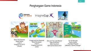 PAGE
Penghargaan Game Indonesia
She and The Light Bearer
Toge Production
Best Visual art
SEA Game Award 2018
Froggy and the Pesticide
None Developer
Juara 2
Imagine Cup 2016
(USA)
Save The Hamster
Solite Studio
Juara 2
Imagine Cup 2013
(Rusia)
Go Go Recycle
Gardu Studio
The Most Popular
UNESCO “Game Changer”
 