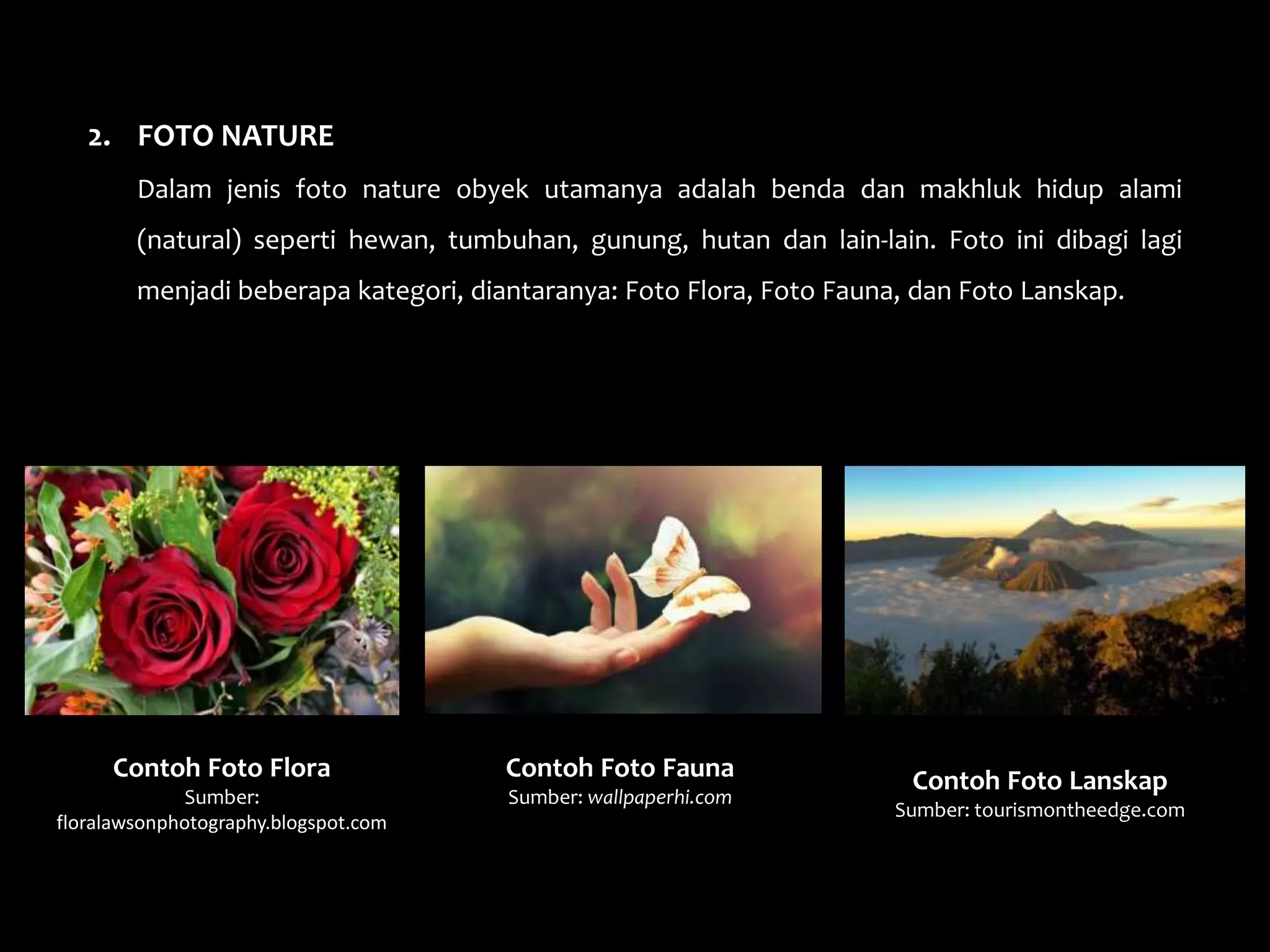 2. FOTO NATURE
Dalam jenis foto nature obyek utamanya adalah benda dan makhluk hidup alami
(natural) seperti hewan, tumbuhan, gunung, hutan dan lain-lain. Foto ini dibagi lagi
menjadi beberapa kategori, diantaranya: Foto Flora, Foto Fauna, dan Foto Lanskap.
Contoh Foto Fauna
Sumber: wallpaperhi.com
Contoh Foto Flora
Sumber:
floralawsonphotography.blogspot.com
Contoh Foto Lanskap
Sumber: tourismontheedge.com
 