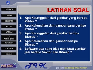 LATIHAN SOAL Apa Keunggulan dari gambar yang bertipe Vektor ? Apa Kelemahan dari gambar yang bertipe Vektor ? Apa Keunggulan dari gambar bertipe Bitmap ? Apa Kelemahan dari gambar bertipe Bitmap ? Software apa yang bisa membuat gambar jadi bertipe Vektor dan Bitmap ? 