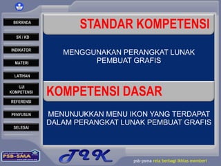 STANDAR KOMPETENSI MENGGUNAKAN PERANGKAT LUNAK PEMBUAT GRAFIS MENUNJUKKAN MENU IKON YANG TERDAPAT DALAM PERANGKAT LUNAK PEMBUAT GRAFIS KOMPETENSI DASAR 