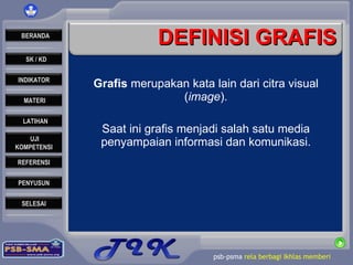 DEFINISI GRAFIS Grafis  merupakan kata lain dari citra visual ( image ). Saat ini grafis menjadi salah satu media penyampaian informasi dan komunikasi. 