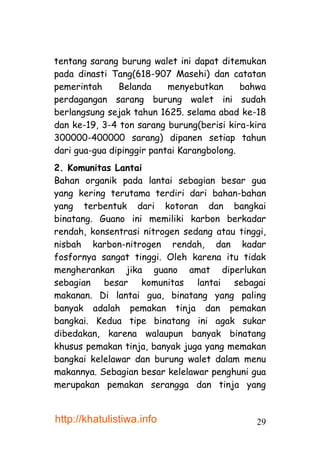 tentang sarang burung walet ini dapat ditemukan
pada dinasti Tang(618-907 Masehi) dan catatan
pemerintah     Belanda     menyebutkan      bahwa
perdagangan sarang burung walet ini sudah
berlangsung sejak tahun 1625. selama abad ke-18
dan ke-19, 3-4 ton sarang burung(berisi kira-kira
300000-400000 sarang) dipanen setiap tahun
dari gua-gua dipinggir pantai Karangbolong.
2. Komunitas Lantai
Bahan organik pada lantai sebagian besar gua
yang kering terutama terdiri dari bahan-bahan
yang terbentuk dari kotoran dan bangkai
binatang. Guano ini memiliki karbon berkadar
rendah, konsentrasi nitrogen sedang atau tinggi,
nisbah karbon-nitrogen rendah, dan kadar
fosfornya sangat tinggi. Oleh karena itu tidak
mengherankan jika guano amat diperlukan
sebagian besar komunitas lantai sebagai
makanan. Di lantai gua, binatang yang paling
banyak adalah pemakan tinja dan pemakan
bangkai. Kedua tipe binatang ini agak sukar
dibedakan, karena walaupun banyak binatang
khusus pemakan tinja, banyak juga yang memakan
bangkai kelelawar dan burung walet dalam menu
makannya. Sebagian besar kelelawar penghuni gua
merupakan pemakan serangga dan tinja yang


http://khatulistiwa.info                      29
 