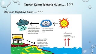 Taukah Kamu Tentang Hujan ….. ? ? ?
Bagiman terjadinya hujan …. ? ? ?
 