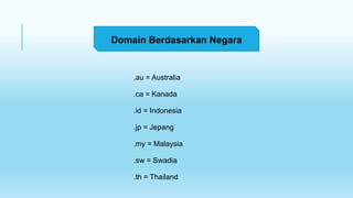 .au = Australia
.ca = Kanada
.id = Indonesia
.jp = Jepang
.my = Malaysia
.sw = Swadia
.th = Thailand
Domain Berdasarkan Negara
 