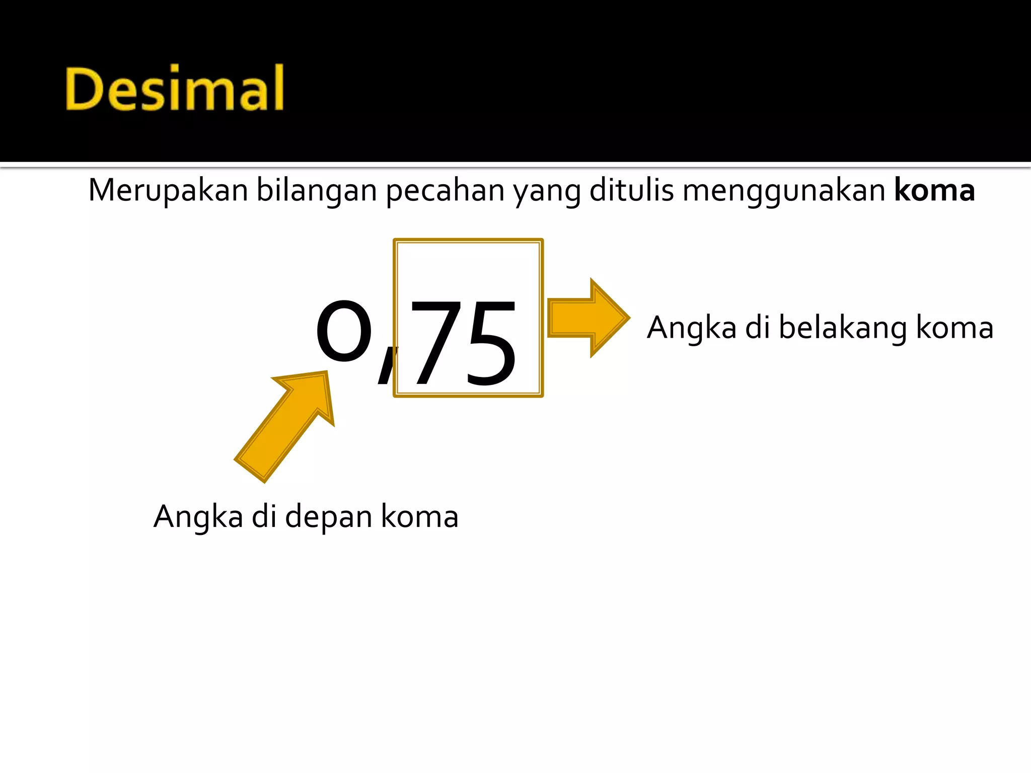 0,75 Angka di belakang koma
Angka di depan koma
Merupakan bilangan pecahan yang ditulis menggunakan koma