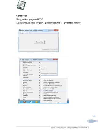 Teknik Komputerdan Jaringan SMKSWADAYAPALU
143
Cara kedua
Menggunakan program HBCD
Arahkan mouse pada program – partition/boot/MBR – group4dos installer
 