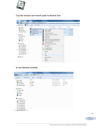 Teknik Komputerdan Jaringan SMKSWADAYAPALU
146
Copi file windows dari hardisk paste ke flasdisk boot
Isi dari flashdisk bootable
 
