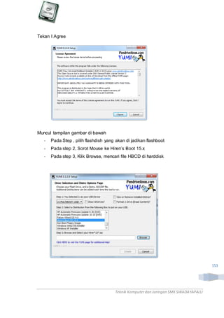 Teknik Komputerdan Jaringan SMKSWADAYAPALU
153
Tekan I Agree
Muncul tampilan gambar di bawah
- Pada Step , pilih flashdish yang akan di jadikan flashboot
- Pada step 2, Sorot Mouse ke Hiren’s Boot 15.x
- Pada step 3, Klik Browse, mencari file HBCD di harddisk
 