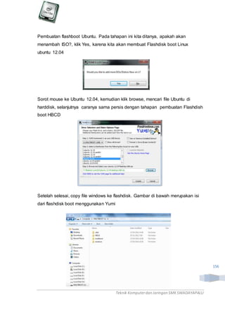 Teknik Komputerdan Jaringan SMKSWADAYAPALU
156
Pembuatan flashboot Ubuntu. Pada tahapan ini kita ditanya, apakah akan
menambah ISO?, klik Yes, karena kita akan membuat Flashdisk boot Linux
ubuntu 12.04
Sorot mouse ke Ubuntu 12.04, kemudian klik browse, mencari file Ubuntu di
harddisk, selanjutnya caranya sama persis dengan tahapan pembuatan Flashdish
boot HBCD
Setelah selesai, copy file windows ke flashdisk. Gambar di bawah merupakan isi
dari flashdisk boot menggunakan Yumi
 
