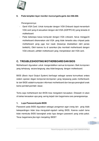 Teknik Komputerdan Jaringan SMKSWADAYAPALU
174
6. Pada tampilan layar monitor muncul garis-garis dan titik-titik
Penanganannya :
- Ganti VGA Card. Untuk komputer dengan VGA Onboard dapat menambah
VGA card yang di sesuaikan dengan slot VGA (AGP/PCI-E) yang terseda di
motherboard
- Pada beberapa kasus komputer dengan VGA onboard, harus mengganti
motherboard dikarenakan slot VGA yang tidak tersedia atau chipset pada
motherboard yang juga ikut rusak (biasanya disebabkan oleh panas
berlebih). Oleh karena itu di sarankan jika membeli motherboard dengan
VGA onboard, pilihlah motherboard yang menyediakan slot VGA card.
C. TROUBLESHOOTING MOTHERBOARD DAN BIOS
Motherboard digunakan untuk mengendalikan semua komponen. Baik komponen
yang terhubung secara langsung atau tidak langsung dengan motherboard.
BIOS (Basic Input Output System) berfungsi sebagai sarana komunikasi antara
sistem operasi degan komponen-komponen yang terpasang pada motherboard.
Isi dari BIOS adalah kumpulan informasi motherboard dan berupa perangkat lunak
berisi perintah-perintah dasar.
Tentu saja motherboard dan BIOS bisa mengalami kerusakan. Dibawah ini akan
di bahas kerusakan apa yang sering terjadi dan bagaimana cara penanganannya.
1. Lupa Password pada BIOS
Password pada BIOS digunakan sebagai pengaman agar orang lain yang tidak
bekepentingan tidak bisa mengubah-ngubah seting BIOS. Karena sudah lama
tidak membuka BIOS barangkali anda lupa dengan password yang anda pakai.
Terus bagaimana jika ingin menyeting BIOS?
 