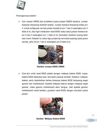 Teknik Komputerdan Jaringan SMKSWADAYAPALU
175
Penangananya adalah :
 Cari Jumper CMOS dan pindahkan posisi jumper CMOS tersebut. Jumper
biasanya terpasang disekitar baterei. Jumper tersebut terpasang diatas pin
3. Untuk konfigurasi normal jumper berada di pin 1 dan 2 sedangkan pin 3
tidak di isi. Jika ingin melakukan reset BIOS maka cabut jumper tersebut ke
pin 2 dan 3 sedangkan pin 1 tidak di isi. Kemudian diamkan kurang lebih
satu menit. Setelah itu cabut lagi jumpernya kemudian pasang pada posisi
semula, yaitu ke pin 1 dan 2 sedangkan pin 3 tidak di isi.
Gambar Jumper BIOS/ CMOS
 Cara lain untuk reset BIOS adalah dengan melepas baterei BIOS. Lepas
baterei BIOS beberapa saat, kemudian pasang kembali. Sebelum melepas
baterei, perlu diperhatikan bahwa biasanya baterei BIOS terpasang segel
garansi dari motherboard. Apabila melepas baterei dengan melepas segel
garansi, maka garansi motherboard akan hangus. Jadi apabila garansi
motherboard masih berlaku, gunakan reset BIOS dengan merubah posisi
jumper
Gambar Melepas Baterei BIOS
 