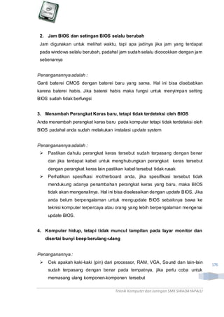 Teknik Komputerdan Jaringan SMKSWADAYAPALU
176
2. Jam BIOS dan setingan BIOS selalu berubah
Jam digunakan untuk melihat waktu, tapi apa jadinya jika jam yang terdapat
pada windows selalu berubah, padahal jam sudah selalu dicocokkan dengan jam
sebenarnya
Penanganannya adalah :
Ganti baterei CMOS dengan baterei baru yang sama. Hal ini bisa disebabkan
karena baterei habis. Jika baterei habis maka fungsi untuk menyimpan setting
BIOS sudah tidak berfungsi
3. Menambah Perangkat Keras baru, tetapi tidak terdeteksi oleh BIOS
Anda menambah perangkat keras baru pada komputer tetapi tidak terdeteksi oleh
BIOS padahal anda sudah melakukan instalasi update system
Penanganannya adalah :
 Pastikan dahulu perangkat keras tersebut sudah terpasang dengan benar
dan jika terdapat kabel untuk menghubungkan perangkat keras tersebut
dengan perangkat keras lain pastikan kabel tersebut tidak rusak
 Perhatikan spesifkasi motherboard anda, jika spesifikasi tersebut tidak
mendukung adanya penambahan perangkat keras yang baru, maka BIOS
tidak akan mengenalinya. Hal ini bisa diselesaikan dengan update BIOS. Jika
anda belum berpengalaman untuk mengupdate BIOS sebaiknya bawa ke
teknisi komputer terpercaya atau orang yang lebih berpengalaman mengenai
update BIOS.
4. Komputer hidup, tetapi tidak muncul tampilan pada layar monitor dan
disertai bunyi beep berulang-ulang
Penanganannya :
 Cek apakah kaki-kaki (pin) dari processor, RAM, VGA, Sound dan lain-lain
sudah terpasang dengan benar pada tempatnya, jika perlu coba untuk
memasang ulang komponen-komponen tersebut
 