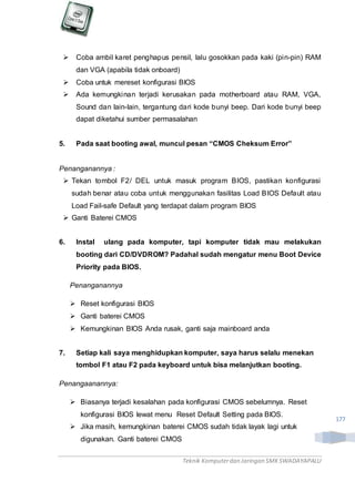 Teknik Komputerdan Jaringan SMKSWADAYAPALU
177
 Coba ambil karet penghapus pensil, lalu gosokkan pada kaki (pin-pin) RAM
dan VGA (apabila tidak onboard)
 Coba untuk mereset konfigurasi BIOS
 Ada kemungkinan terjadi kerusakan pada motherboard atau RAM, VGA,
Sound dan lain-lain, tergantung dari kode bunyi beep. Dari kode bunyi beep
dapat diketahui sumber permasalahan
5. Pada saat booting awal, muncul pesan “CMOS Cheksum Error”
Penanganannya :
 Tekan tombol F2/ DEL untuk masuk program BIOS, pastikan konfigurasi
sudah benar atau coba untuk menggunakan fasilitas Load BIOS Default atau
Load Fail-safe Default yang terdapat dalam program BIOS
 Ganti Baterei CMOS
6. Instal ulang pada komputer, tapi komputer tidak mau melakukan
booting dari CD/DVDROM? Padahal sudah mengatur menu Boot Device
Priority pada BIOS.
Penanganannya
 Reset konfigurasi BIOS
 Ganti baterei CMOS
 Kemungkinan BIOS Anda rusak, ganti saja mainboard anda
7. Setiap kali saya menghidupkan komputer, saya harus selalu menekan
tombol F1 atau F2 pada keyboard untuk bisa melanjutkan booting.
Penangaanannya:
 Biasanya terjadi kesalahan pada konfigurasi CMOS sebelumnya. Reset
konfigurasi BIOS lewat menu Reset Default Setting pada BIOS.
 Jika masih, kemungkinan baterei CMOS sudah tidak layak lagi untuk
digunakan. Ganti baterei CMOS
 