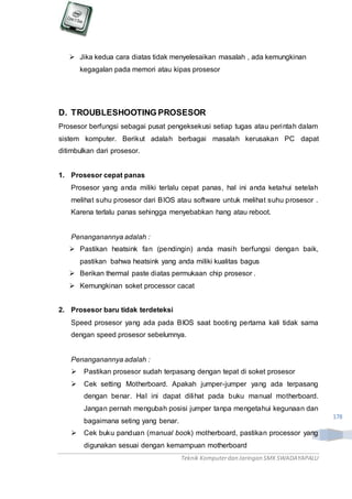 Teknik Komputerdan Jaringan SMKSWADAYAPALU
178
 Jika kedua cara diatas tidak menyelesaikan masalah , ada kemungkinan
kegagalan pada memori atau kipas prosesor
D. TROUBLESHOOTING PROSESOR
Prosesor berfungsi sebagai pusat pengeksekusi setiap tugas atau perintah dalam
sistem komputer. Berikut adalah berbagai masalah kerusakan PC dapat
ditimbulkan dari prosesor.
1. Prosesor cepat panas
Prosesor yang anda miliki terlalu cepat panas, hal ini anda ketahui setelah
melihat suhu prosesor dari BIOS atau software untuk melihat suhu prosesor .
Karena terlalu panas sehingga menyebabkan hang atau reboot.
Penanganannya adalah :
 Pastikan heatsink fan (pendingin) anda masih berfungsi dengan baik,
pastikan bahwa heatsink yang anda miliki kualitas bagus
 Berikan thermal paste diatas permukaan chip prosesor .
 Kemungkinan soket processor cacat
2. Prosesor baru tidak terdeteksi
Speed prosesor yang ada pada BIOS saat booting pertama kali tidak sama
dengan speed prosesor sebelumnya.
Penanganannya adalah :
 Pastikan prosesor sudah terpasang dengan tepat di soket prosesor
 Cek setting Motherboard. Apakah jumper-jumper yang ada terpasang
dengan benar. Hal ini dapat dilihat pada buku manual motherboard.
Jangan pernah mengubah posisi jumper tanpa mengetahui kegunaan dan
bagaimana seting yang benar.
 Cek buku panduan (manual book) motherboard, pastikan processor yang
digunakan sesuai dengan kemampuan motherboard
 