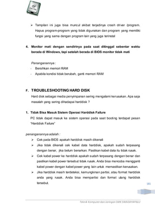 Teknik Komputerdan Jaringan SMKSWADAYAPALU
181
 Tampilan ini juga bisa muncul akibat terjadinya crash driver /program.
Hapus program-program yang tidak digunakan dan program yang memiliki
fungsi yang sama dengan program lain yang juga terinstal
4. Monitor mati dengan sendirinya pada saat ditinggal sebentar waktu
berada di Windows, tapi setelah berada di BIOS monitor tidak mati
Penanganannya :
- Bersihkan memori RAM
- Apabila kondisi tidak berubah, ganti memori RAM
F. TROUBLESHOOTING HARD DISK
Hard disk sebagai media penyimpanan sering mengalami kerusakan. Apa saja
masalah yang sering dihadapai harddisk ?
1. Tidak Bisa Masuk Sistem Operasi Harddisk Failure
PC tidak dapat masuk ke sistem operasi pada saat booting terdapat pesan
“Harddisk Failure”
penanganannya adalah :
 Cek pada BIOS apakah harddisk masih dikenali
 Jika tidak dikenali cek kabel data harddisk, apakah sudah terpasang
dengan benar, jika belum benarkan. Pastikan kabel data itu tidak rusak.
 Cek kabel power ke harddisk apakah sudah terpasang dengan benar dan
pastikan kabel power tersebut tidak rusak. Anda bisa mencoba mengganti
kabel power dengan kabel power yang lain untuk memastikan kerusakan.
 Jika harddisk masih terdeteksi, kemungkinan partisi, atau format harddisk
anda yang rusak. Anda bisa mempartisi dan format ulang harddisk
tersebut.
 