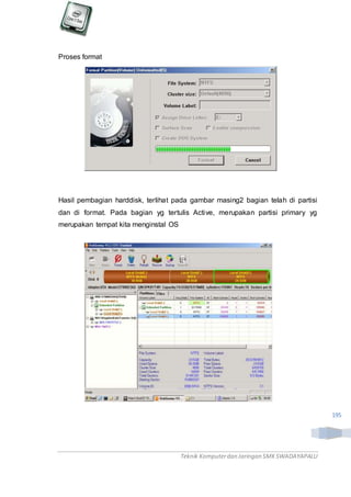 Teknik Komputerdan Jaringan SMKSWADAYAPALU
195
Proses format
Hasil pembagian harddisk, terlihat pada gambar masing2 bagian telah di partisi
dan di format. Pada bagian yg tertulis Active, merupakan partisi primary yg
merupakan tempat kita menginstal OS
 