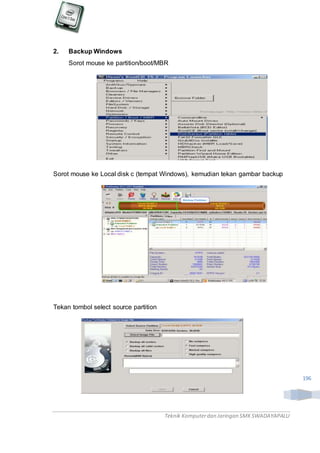 Teknik Komputerdan Jaringan SMKSWADAYAPALU
196
2. Backup Windows
Sorot mouse ke partition/boot/MBR
Sorot mouse ke Local disk c (tempat Windows), kemudian tekan gambar backup
Tekan tombol select source partition
 