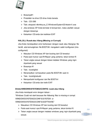 Teknik Komputerdan Jaringan SMKSWADAYAPALU
219
 Biasanya#1
 Pindahlah ke drive CD drive Anda berada
 Tulis : CD i386
 Tulis :ekspand ntkrnlmp.ex_C:WindowsSystem32ntoskrn1.exe
 Jika windows XP Anda terinstal di tempat lain, maka ubahlah sesuai
dengan lokasinya
 Keluarkan CD anda dan ketikkan EXIT
HAL.DLL Rusak atau hilang (Missing or Corrupt)
Jika Anda mendapatkan error berkenaan dengan rusak atau hilangnya file
hal.dll, ada kemungkinan file BOOT.INI mengalami salah konfigurasi (mis-
configurred)
 Masukan CD Windows XP dan booting dari CD tersebut
 Pada saat muncul opsi R=Repair yang pertama, tekan tombol R
 Tekan angka sesuai dengan lokasi instalasi Windows yang ingin
diperbaiki yang sesuai
 Biasanya #1
 Tulis : bootcfg/list
 Menampilkan isi/masukkan pada file BOOT.INI saat ini
 Tulis : bootcfg/rebuild
 Memperbaiki konfigurasi dari file BOOT.InI
 Keluarkan CD anda dan ketik EXIT
DiretoriWIDOWSSYSTEM32CONFIG rusak atau hilang
Jika Anda mendapati error dengan tulisan :
“Windows Could not start because the following files is missing or corrupt
WINDOWSSYSTEM32CONFIGSYSTEM or
WINDOWSSYSTEM32CONFIGSOFTWARE”
 Masukkan CD Windows XP dan booting dari CD tersebut
 Pada saat muncul opsi R=Repair yang pertama, tekan tombol R
 Tekan angka sesuai dengan instalasi windows yang ingin diperbaiki yang
sesuai.
 