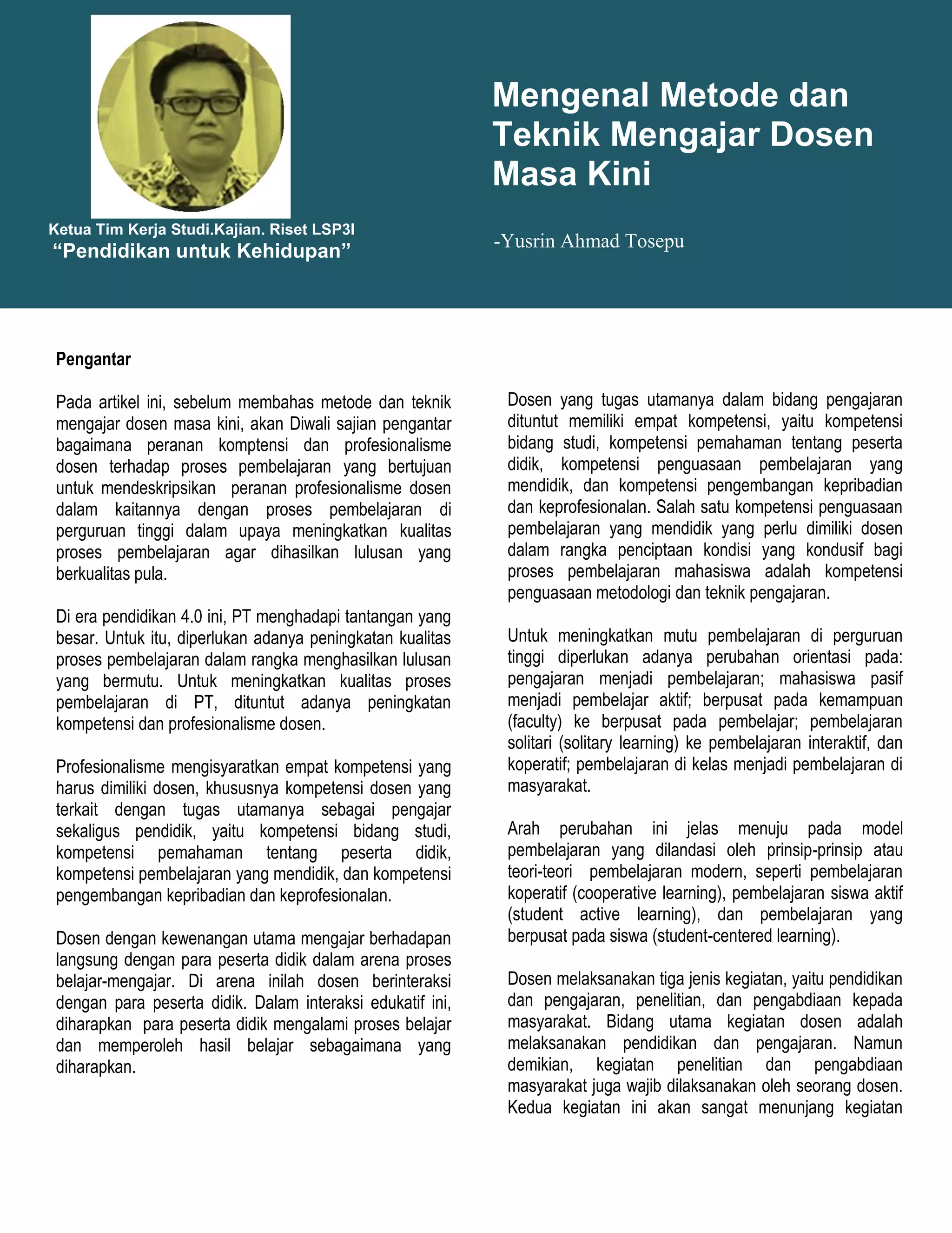 Mengenal metode dan teknik mengajar dosen masa kini | PDF