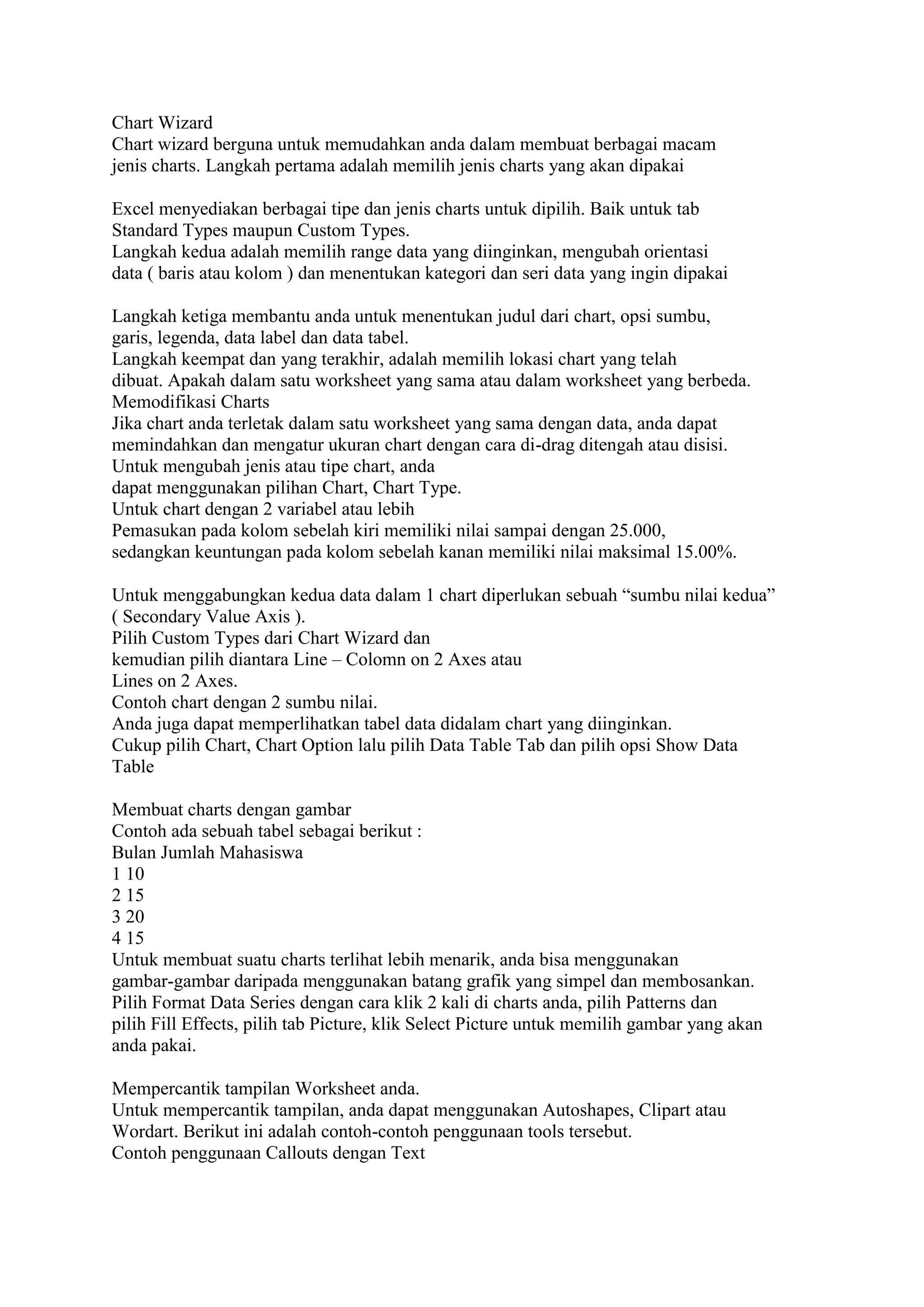 Chart Wizard
Chart wizard berguna untuk memudahkan anda dalam membuat berbagai macam
jenis charts. Langkah pertama adalah memilih jenis charts yang akan dipakai

Excel menyediakan berbagai tipe dan jenis charts untuk dipilih. Baik untuk tab
Standard Types maupun Custom Types.
Langkah kedua adalah memilih range data yang diinginkan, mengubah orientasi
data ( baris atau kolom ) dan menentukan kategori dan seri data yang ingin dipakai

Langkah ketiga membantu anda untuk menentukan judul dari chart, opsi sumbu,
garis, legenda, data label dan data tabel.
Langkah keempat dan yang terakhir, adalah memilih lokasi chart yang telah
dibuat. Apakah dalam satu worksheet yang sama atau dalam worksheet yang berbeda.
Memodifikasi Charts
Jika chart anda terletak dalam satu worksheet yang sama dengan data, anda dapat
memindahkan dan mengatur ukuran chart dengan cara di-drag ditengah atau disisi.
Untuk mengubah jenis atau tipe chart, anda
dapat menggunakan pilihan Chart, Chart Type.
Untuk chart dengan 2 variabel atau lebih
Pemasukan pada kolom sebelah kiri memiliki nilai sampai dengan 25.000,
sedangkan keuntungan pada kolom sebelah kanan memiliki nilai maksimal 15.00%.

Untuk menggabungkan kedua data dalam 1 chart diperlukan sebuah “sumbu nilai kedua”
( Secondary Value Axis ).
Pilih Custom Types dari Chart Wizard dan
kemudian pilih diantara Line – Colomn on 2 Axes atau
Lines on 2 Axes.
Contoh chart dengan 2 sumbu nilai.
Anda juga dapat memperlihatkan tabel data didalam chart yang diinginkan.
Cukup pilih Chart, Chart Option lalu pilih Data Table Tab dan pilih opsi Show Data
Table

Membuat charts dengan gambar
Contoh ada sebuah tabel sebagai berikut :
Bulan Jumlah Mahasiswa
1 10
2 15
3 20
4 15
Untuk membuat suatu charts terlihat lebih menarik, anda bisa menggunakan
gambar-gambar daripada menggunakan batang grafik yang simpel dan membosankan.
Pilih Format Data Series dengan cara klik 2 kali di charts anda, pilih Patterns dan
pilih Fill Effects, pilih tab Picture, klik Select Picture untuk memilih gambar yang akan
anda pakai.

Mempercantik tampilan Worksheet anda.
Untuk mempercantik tampilan, anda dapat menggunakan Autoshapes, Clipart atau
Wordart. Berikut ini adalah contoh-contoh penggunaan tools tersebut.
Contoh penggunaan Callouts dengan Text
 