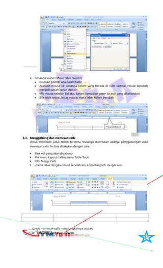 22
a. Penanda kolom (Move table column)
Pastikan pointer ada dalam table
Arahkan mouse ke penanda kolom yang berada di ruler sampai mouse berubah
menjadi panah kanan dan kiri
Klik mouse sebelah kiri atau kanan, kemudian geser ke arah yang dikehendaki
Bila telah sesuai, lepas mouse, maka lebar kolom berubah.
4.3. Menggabung dan memecah cells
Untuk membuat judul kolom tertentu, biasanya diperlukan adanya penggabungan atau
memecah cells. Ini bisa dilakukan dengan cara:
Blok cell yang akan digabung
 Klik menu Layout dalam menu Table Tools
 Pilih Merge Cells
 utama table dengan mouse sebelah kiri, kemudian pilih merger cells
Untuk memecah cells maka langkahnya adalah
Blok cells yang akan dipecah
Penanda kolom
 