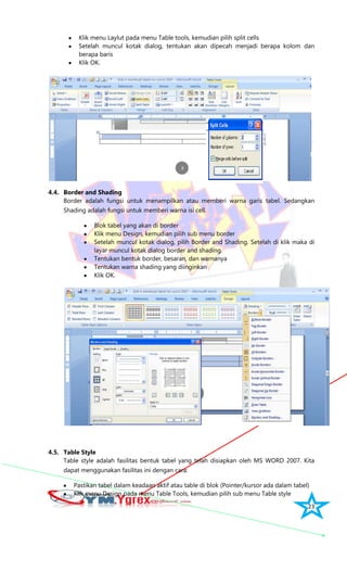 23
Klik menu Laylut pada menu Table tools, kemudian pilih split cells
Setelah muncul kotak dialog, tentukan akan dipecah menjadi berapa kolom dan
berapa baris
Klik OK.
4.4. Border and Shading
Border adalah fungsi untuk menampilkan atau memberi warna garis tabel. Sedangkan
Shading adalah fungsi untuk memberi warna isi cell.
Blok tabel yang akan di border
Klik menu Design, kemudian pilih sub menu border
Setelah muncul kotak dialog, pilih Border and Shading. Setelah di klik maka di
layar muncul kotak dialog border and shading.
Tentukan bentuk border, besaran, dan warnanya
Tentukan warna shading yang diinginkan
Klik OK.
4.5. Table Style
Table style adalah fasilitas bentuk tabel yang telah disiapkan oleh MS WORD 2007. Kita
dapat menggunakan fasilitas ini dengan cara:
Pastikan tabel dalam keadaan aktif atau table di blok (Pointer/kursor ada dalam tabel)
Klik menu Design pada menu Table Tools, kemudian pilih sub menu Table style
 