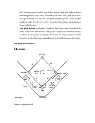 pitch sehingga pemain-pemain yang belum terbiasa tidak akan terkejut dengan
peraturan-peraturan yang "ketat" di sofbol seperti strike zone, jarak antara base,
lamanya permainan dan lain-lain. Kecepatan lemparan pitcher dalam modball
berada di antara fast dan slow pitch. Kecepatan bola dibatasi dengan putaran
lengan melebihi bahu.
3. Slow pitch softball memberikan kemudahan bagi batter untuk memukul bola.
Batter diberi bola terus-menerus oleh pitcher sampai bisa memukul bolanya.
Lemparan pitcher pelan melambung. Permainan ini sering dimainkan dalam
komunitas sosial sebagaimana sebuah kompetisi, tanpa dibatasi umur dan gender.
Alat dan Fasilitas softball
1. Lapangan
Diagram lapangan sofbol.
 