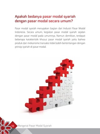 Mengenal Pasar Modal Syariah10
Apakah bedanya pasar modal syariah
dengan pasar modal secara umum?
Pasar modal syariah merupakan bagian dari Industri Pasar Modal
Indonesia. Secara umum, kegiatan pasar modal syariah sejalan
dengan pasar modal pada umumnya. Namun demikian, terdapat
beberapa karakteristik khusus pasar modal syariah yaitu bahwa
produk dan mekanisme transaksi tidak boleh bertentangan dengan
prinsip syariah di pasar modal.
 