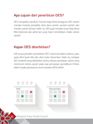 Mengenal Pasar Modal Syariah28
Apa tujuan dari penerbitan DES?
DES merupakan panduan investasi bagi pihak pengguna DES, seperti
manajer investasi pengelola reksa dana syariah, asuransi syariah, dan
investor syariah lainnya. Selain itu, DES juga menjadi acuan bagi Bursa
Efek Indonesia dan pihak lain yang Ingin menerbitkan indeks saham
syariah.
Kapan DES diterbitkan?
OJK secara periodik menerbitkan DES 2 (dua) kali dalam setahun, yaitu
pada akhir bulan Mei dan akhir bulan November. Selain itu, terdapat
DES Insidentil yang diterbitkan karena adanya penetapan saham yang
memenuhi kriteria syariah pada saat pernyataan pendaftaran Emiten
dalam rangka penawaran umum perdana (IPO) efektif.
 