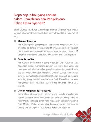 Mengenal Pasar Modal Syariah 55
Siapa saja pihak yang terkait
dalam Penerbitan dan Pengelolaan
Reksa Dana Syariah?
Selain Otoritas Jasa Keuangan sebagai otoritas di sektor Pasar Modal,
terdapatpihak-pihakyangterkaitdalampengelolaanReksaDanaSyariah
yaitu:
	Manajer Investasi
	 merupakan pihak yang kegiatan usahanya mengelola portofolio
efek atau portofolio investasi kolektif untuk sekelompok nasabah
berdasarkan peraturan perundang-undangan yang berlaku. MI
berperan mengelola portofolio efek dalam reksa dana syariah
	Bank Kustodian
	 merupakan bank umum yang disetujui oleh Otoritas Jasa
Keuangan untuk menyelenggarakan jasa kustodian, yakni jasa
penitipan efek dan harta lain yang berkaitan dengan efek serta
jasa lain seperti termasuk menerima dividen, bunga atau hak-hak
lainnya, menyelesaikan transaksi efek, dan mewakili pemegang
rekening yang menjadi nasabahnya. Bank Kustodian berperan
menyimpan dan melakukan administrasi kekayaan reksa dana
syariah.
	Dewan Pengawas Syariah (DPS)
	 merupakan dewan yang bertanggung jawab memberikan
nasihat dan saran serta mengawasi pemenuhan prinsip syariah di
Pasar Modal terhadap pihak yang melakukan kegiatan syariah di
Pasar Modal. DPS berperan melakukan pengawasan pemenuhan
prinsip syariah di pasar modal pada Reksa Dana Syariah.
 