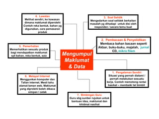 Mengumpul Maklumat & Data 1.  Pengalaman Sendiri Situasi yang pernah dialami / pernah melakukan sesuatu kerja. Contoh memotong rantai  basikal – membaiki tel bimbit  7.  Bimbingan Guru Guru sbg sunber rujukan untuk bantuan idea, maklumat dan khidmat nasihat 6.  Melayari Internet Menggunkan komputer dan Talian internet. Mesti tahu alamat laman web. Maklumat yang diprolehi boleh dibaca simpan / cetak 5.  Pemerhatian Memerhatikan sesuatu produk bagi mendapatkan maklumat spt bahan, reka bentuk, saiz 4.  Lawatan Melihat sendiri, ke kawasan  dimana maklumat diperolehi Contoh reka bentuk, bahan yg digunakan, cara pemasaran produk 3.  Soal Selidik Mengedarkan soal selidek berkaitan masalah yg dihadapi  untuk disi oleh responden / secara temu bual 2.  Pembacaan & Penyelidikan Membaca bahan bacaan seperti Akbar, buku-buku, majalah,  jurnal CD,  mikro   filem 