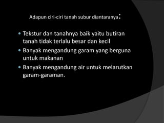 Adapun ciri-ciri tanah subur diantaranya   :
 Tekstur dan tanahnya baik yaitu butiran
  tanah tidak terlalu besar dan kecil
 Banyak mengandung garam yang berguna
  untuk makanan
 Banyak mengandung air untuk melarutkan
  garam-garaman.
 