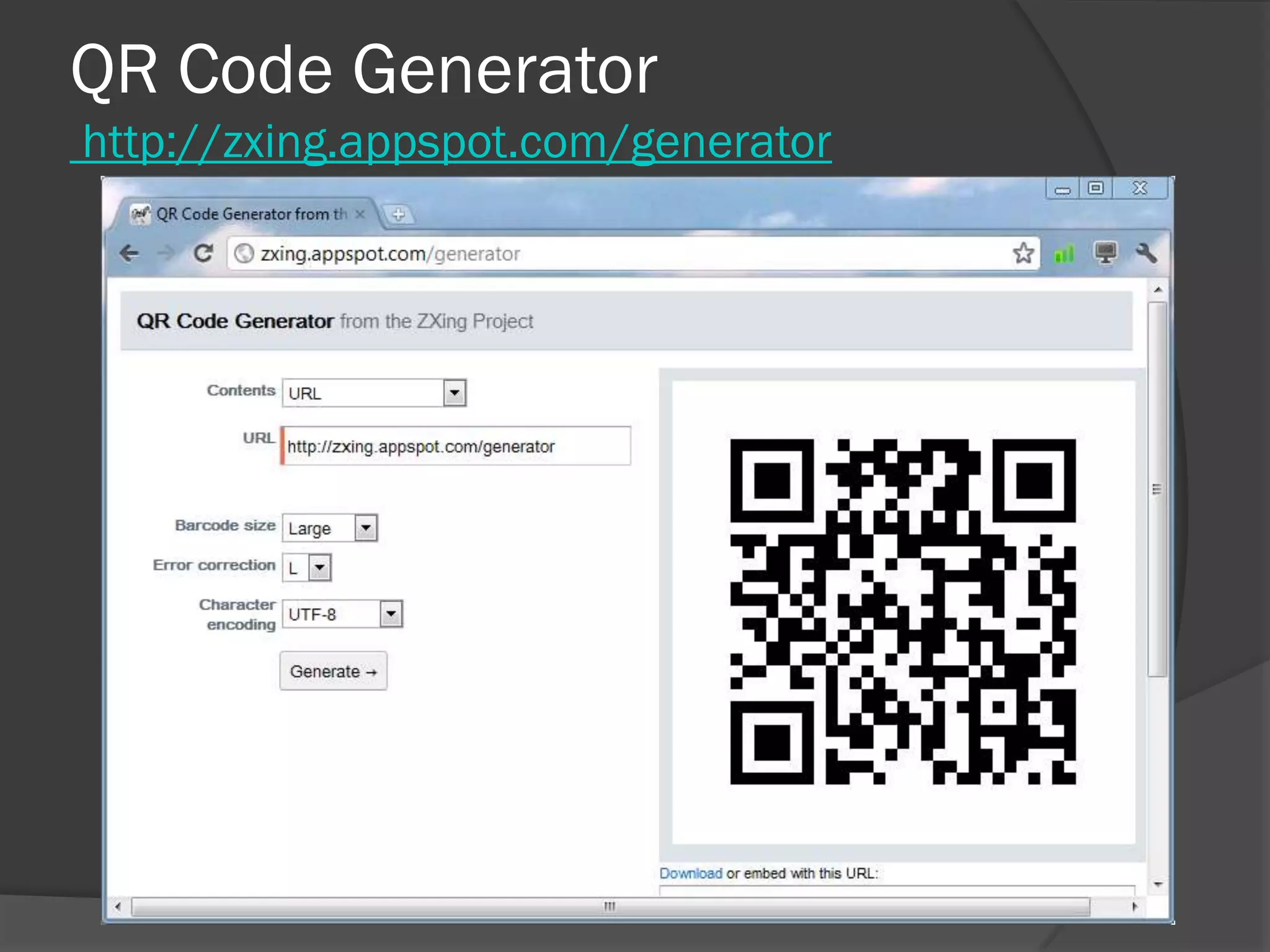 QR Code Generator
http://zxing.appspot.com/generator
 