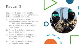 Kasus 3
Dari ke 4 tipe tsb ketika
pergi perang, siapa yang akan
mati terlebih dahulu?
1. Tipe I : tidak bisa
membedakan teman dan musuh,
tidak bisa membedakan
peluru/ranjau atau bukan
(optimis)
2. Tipe S : lihat temannya
mati ikut mati
3. Tipe D :mengejar impian
menjadi leader (maju tak
gentar)
4. Tipe C: Penuh strategi,
dianalis peperangan
 