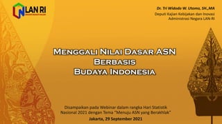 Menggali Nilai Dasar ASN
Berbasis
Budaya Indonesia
Dr.	
  Tri	
  Widodo	
  W.	
  Utomo,	
  SH.,MA
Deputi Kajian Kebijakan dan Inovasi
Administrasi Negara	
  LAN-­‐RI
Disampaikan pada Webinar	
  dalam rangka Hari	
  Statistik
Nasional	
  2021	
  dengan Tema “Menuju ASN	
  yang	
  Berakhlak”
Jakarta,	
  29	
  September	
  2021
 