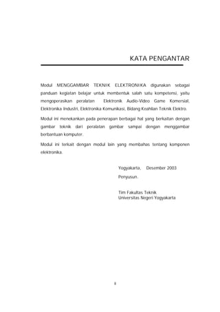 KATA PENGANTAR



Modul    MENGGAMBAR          TEKNIK     ELEKTRONIKA            digunakan   sebagai
panduan kegiatan belajar untuk membentuk salah satu kompetensi, yaitu
mengoperasikan     peralatan      Elektronik     Audio-Video    Game   Komersial,
Elektronika Industri, Elektronika Komunikasi, Bidang Keahlian Teknik Elektro.

Modul ini menekankan pada penerapan berbagai hal yang berkaitan dengan
gambar    teknik   dari   peralatan   gambar     sampai    dengan    menggambar
berbantuan komputer.

Modul ini terkait dengan modul lain yang membahas tentang komponen
elektronika.


                                             Yogyakarta,   Desember 2003

                                             Penyusun.


                                             Tim Fakultas Teknik
                                             Universitas Negeri Yogyakarta




                                        ii
 