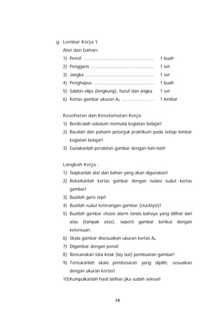 g. Lembar Kerja 1
  Alat dan bahan:
  1) Pensil ....................................................   1 buah
  2) Penggaris ...............................................     1 set
  3) Jangka ...................................................    1 set
  4) Penghapus .............................................       1 buah
  5) Sablon elips (lengkung), huruf dan angka                      1 set
  6) Kertas gambar ukuran A4 ........................              1 lembar


  Kesehatan dan Keselamatan Kerja:
  1) Berdo’alah sebelum memulai kegiatan belajar!
  2) Bacalah dan pahami petunjuk praktikum pada setiap lembar
      kegiatan belajar!
  3) Gunakanlah peralatan gambar dengan hati-hati!


  Langkah Kerja :
  1) Siapkanlah alat dan bahan yang akan digunakan!
  2) Rekatkanlah kertas gambar dengan isolasi sudut kertas
      gambar!
  3) Buatlah garis tepi!
  4) Buatlah sudut keterangan gambar (stucklyst)!
  5) Buatlah gambar chasis alarm tanda bahaya yang dilihat dari
      atas     (tampak       atas),       seperti    gambar        berikut   dengan
      ketentuan:
  6) Skala gambar disesuaikan ukuran kertas A4
  7) Digambar dengan pensil
  8) Rencanakan tata letak (lay out) pembuatan gambar!
  9) Tentukanlah skala pembesaran yang dipilih, sesuaikan
      dengan ukuran kertas!
  10)Kumpulkanlah hasil latihan jika sudah selesai!



                                     19
 