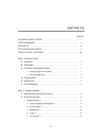 DAFTAR ISI

                                                                                                          Halaman
HALAMAN DEPAN (COVER)....................................................................                         i
KATA PENGANTAR                ..............................................................................     ii
DAFTAR ISI            ......................................................................................     iii
PETA KEDUDUKAN MODUL ..................................................................                          v
PERISTILAHAN / GLOSSARY                       .............................................................. viii


BAB I. PENDAHULUAN
    A. DESKRIPSI ...................................................................................             1
    B. PRASYARAT            ................................................................................     1
    C. PETUNJUK PENGGUNAAN MODUL                              ................................................   1
             1. Petunjuk bagi Peserta Diklat .................................................                   1
             2. Petunjuk bagi Guru ..............................................................                2
    D. TUJUAN AKHIR ..............................................................................               2
    E. KOMPETENSI .................................................................................              3
    F. CEK KEMAMPUAN ..........................................................................                  4


BAB II. PEMBELAJARAN
    A. RENCANA BELAJAR PESERTA DIKLAT ...............................................                            5
    B. KEGIATAN BELAJAR .......................................................................                  6
        1. Kegiatan Belajar 1 .....................................................................              6
             a. Tujuan kegiatan pembelajaran 1 ..........................................                        6
             b. Uraian materi 1 ...................................................................              6
             c. Rangkuman 1 ..................................................................... 16
             d. Tugas 1 .............................................................................. 17
             e. Tes formatif 1 ..................................................................... 17




                                                        iii
 
